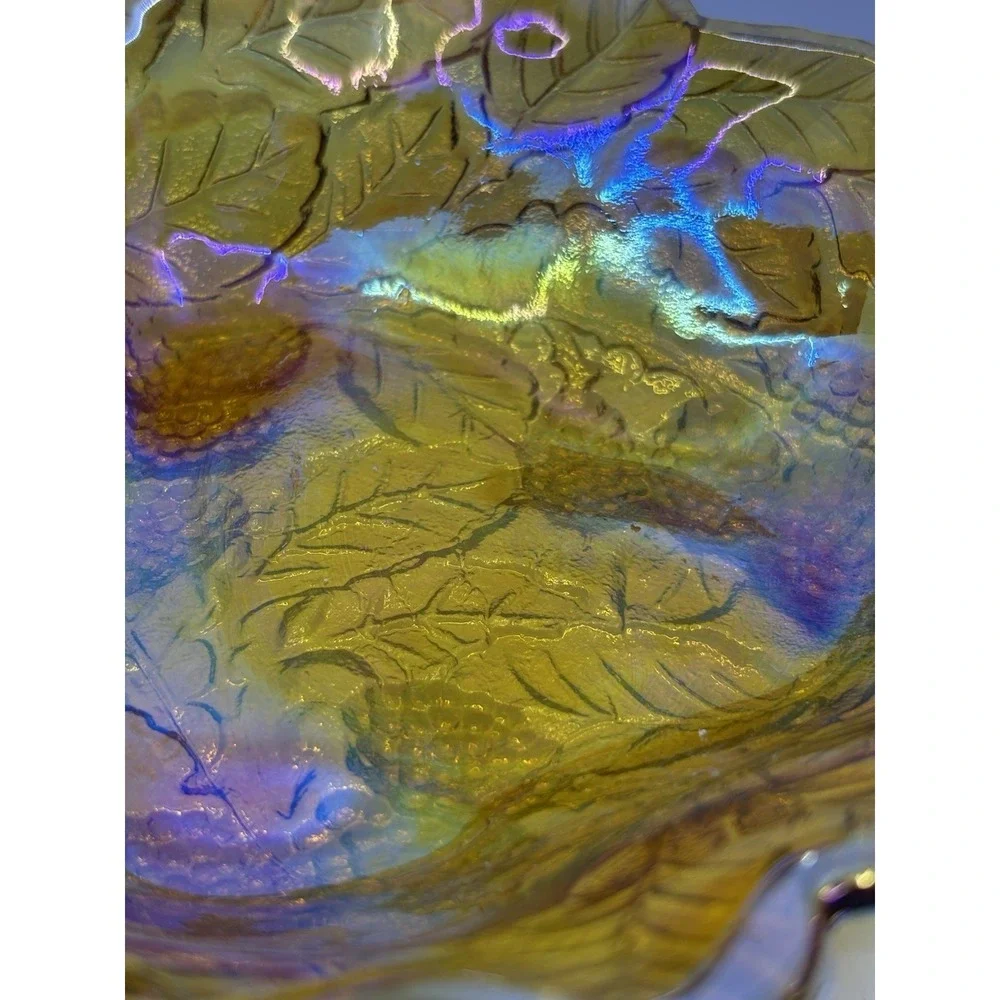 Antique Imperial Marigold Carnival Grape Leaf Shape Glass Scalloped Bowl Dish 7